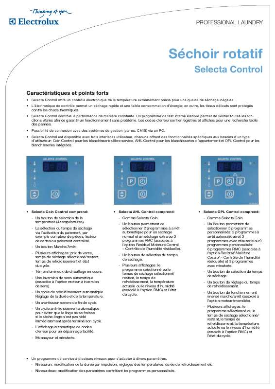 Guide utilisation  ELECTROLUX LAUNDRY SYSTEMS SELECTA CONTROL  de la marque ELECTROLUX LAUNDRY SYSTEMS