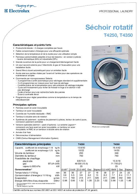 Guide utilisation  ELECTROLUX LAUNDRY SYSTEMS T4250  de la marque ELECTROLUX LAUNDRY SYSTEMS