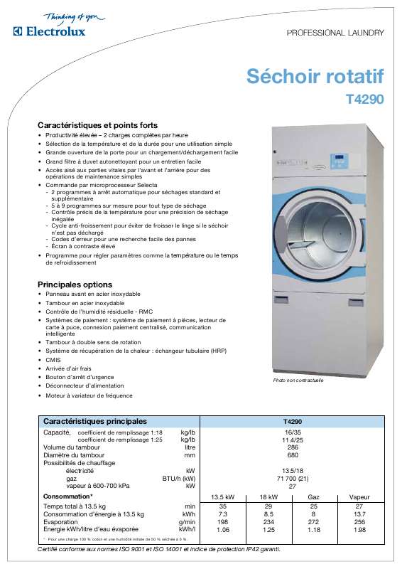 Guide utilisation  ELECTROLUX LAUNDRY SYSTEMS T4290  de la marque ELECTROLUX LAUNDRY SYSTEMS
