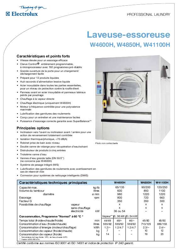 Guide utilisation  ELECTROLUX LAUNDRY SYSTEMS W41100H  de la marque ELECTROLUX LAUNDRY SYSTEMS