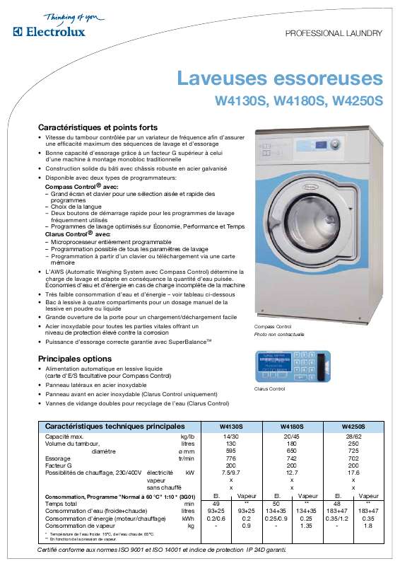 Guide utilisation  ELECTROLUX LAUNDRY SYSTEMS W4130S  de la marque ELECTROLUX LAUNDRY SYSTEMS