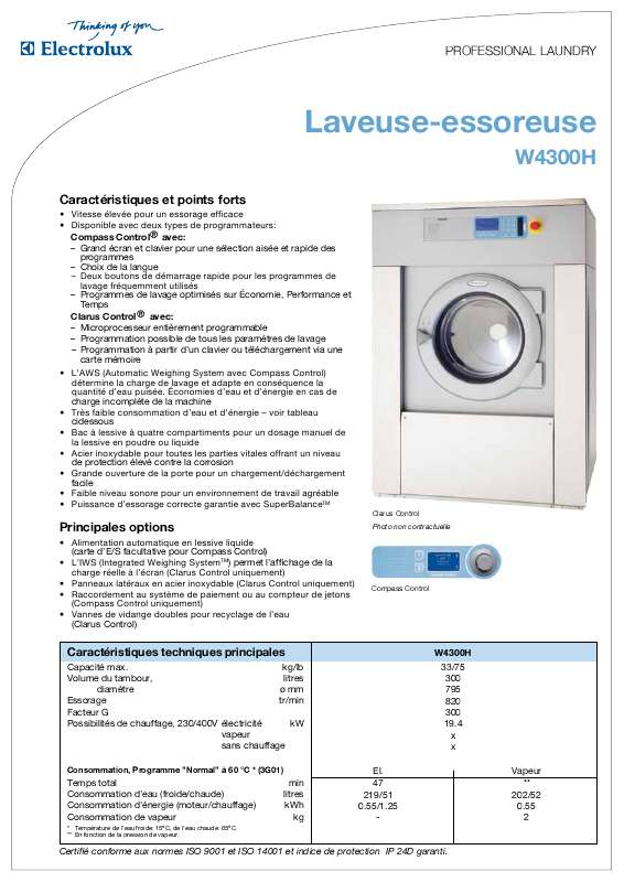 Guide utilisation  ELECTROLUX LAUNDRY SYSTEMS W4300H  de la marque ELECTROLUX LAUNDRY SYSTEMS