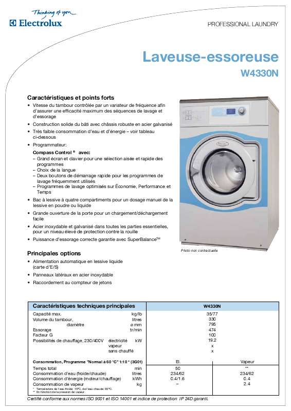 Guide utilisation  ELECTROLUX LAUNDRY SYSTEMS W4330N  de la marque ELECTROLUX LAUNDRY SYSTEMS