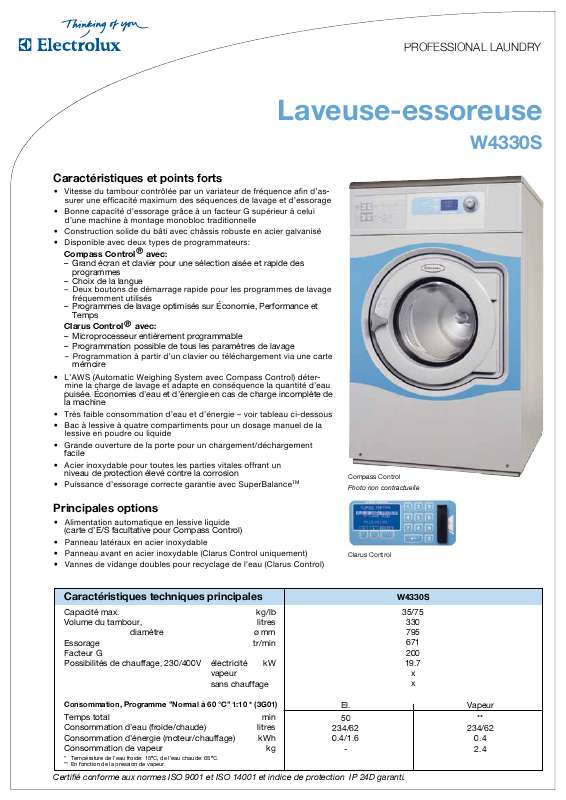 Guide utilisation  ELECTROLUX LAUNDRY SYSTEMS W4330S  de la marque ELECTROLUX LAUNDRY SYSTEMS
