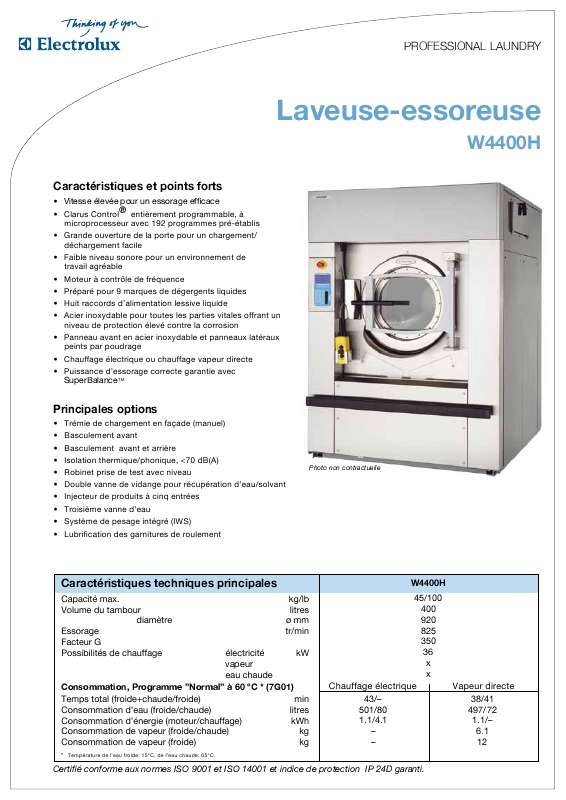 Guide utilisation  ELECTROLUX LAUNDRY SYSTEMS W4400H  de la marque ELECTROLUX LAUNDRY SYSTEMS