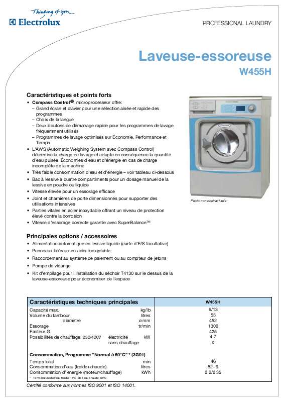 Guide utilisation  ELECTROLUX LAUNDRY SYSTEMS W455H  de la marque ELECTROLUX LAUNDRY SYSTEMS