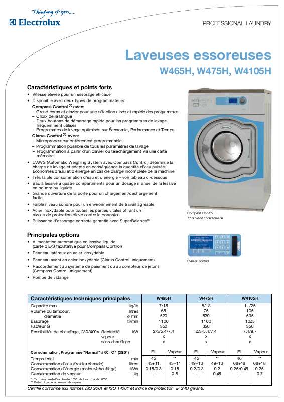 Guide utilisation  ELECTROLUX LAUNDRY SYSTEMS W475H  de la marque ELECTROLUX LAUNDRY SYSTEMS
