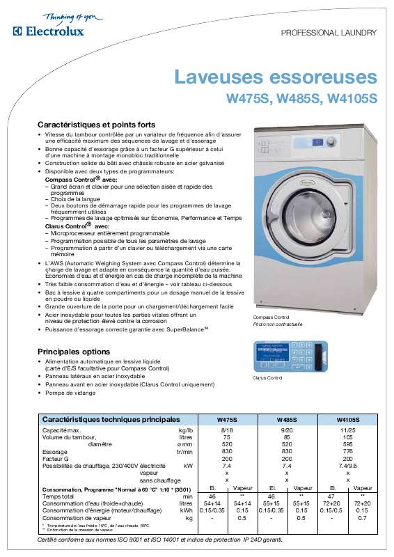 Guide utilisation  ELECTROLUX LAUNDRY SYSTEMS W475S  de la marque ELECTROLUX LAUNDRY SYSTEMS