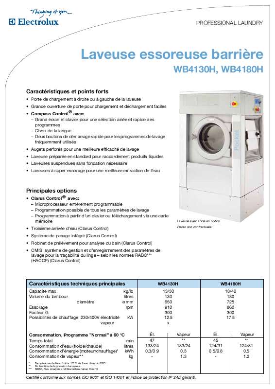 Guide utilisation  ELECTROLUX LAUNDRY SYSTEMS WB4130H  de la marque ELECTROLUX LAUNDRY SYSTEMS