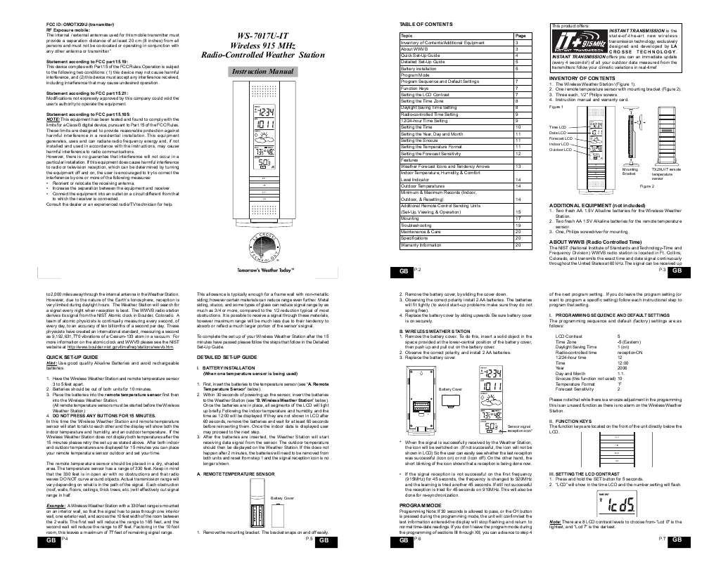 Guide utilisation  LA CROSS TECHNOLOGY WS-7017U-IT  de la marque LA CROSS TECHNOLOGY