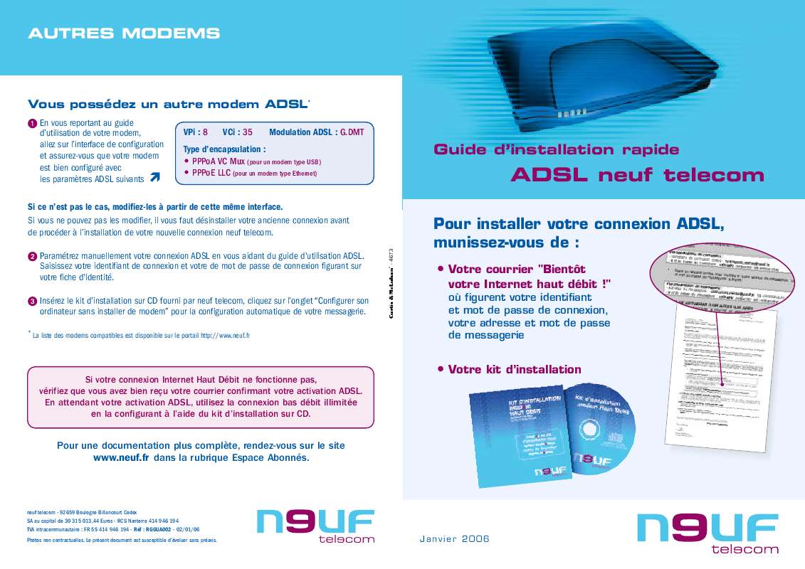 Guide utilisation  NEUF TELECOM ADSL NEUF TELECOM  de la marque NEUF TELECOM