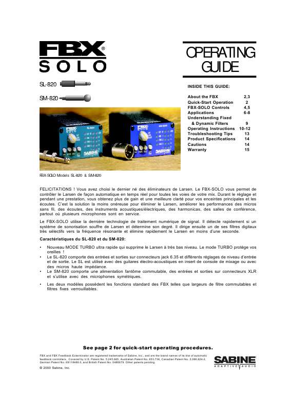 Guide utilisation  SABINE FBX SOLO SL-820  de la marque SABINE