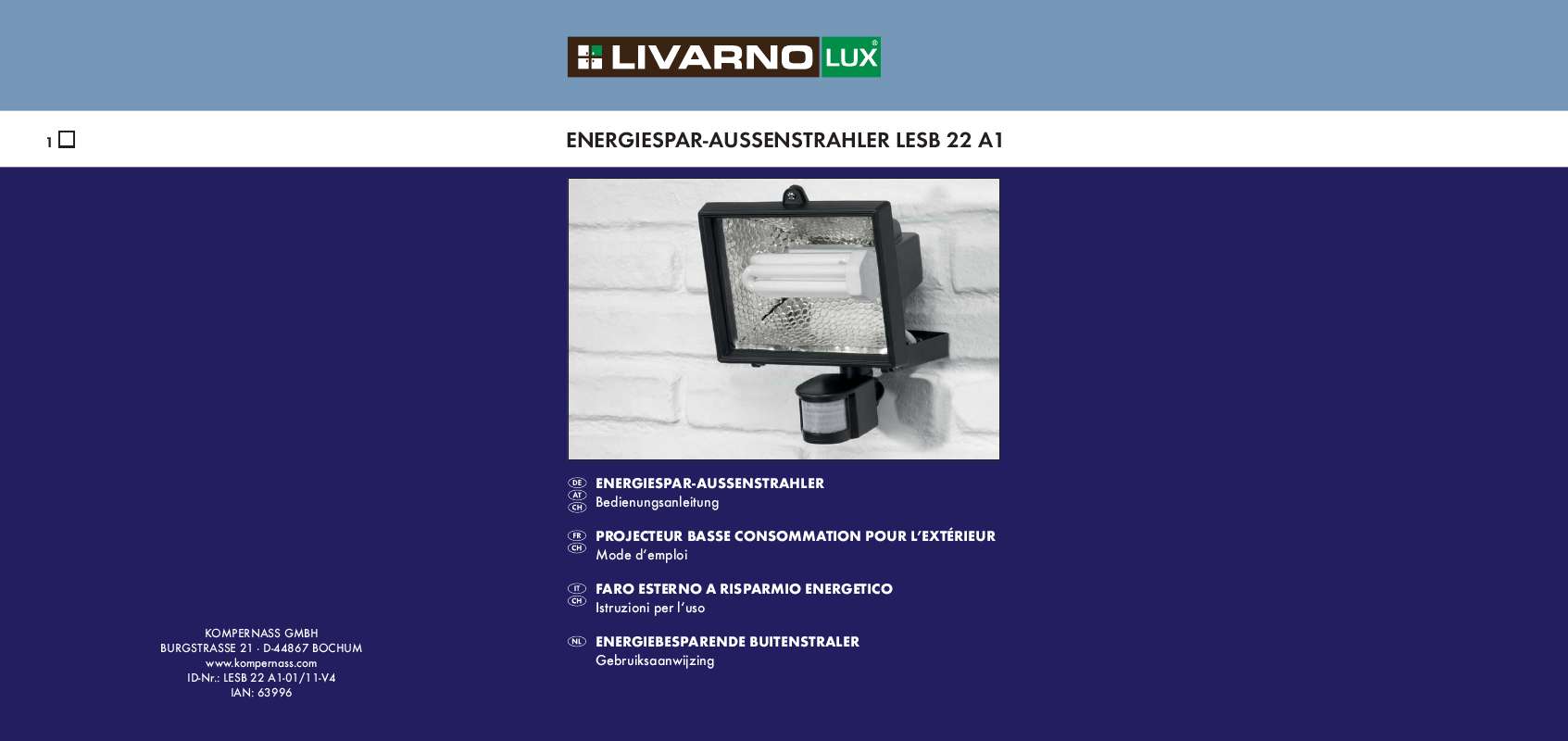 Guide utilisation  LIVARNO LESB 22 A1 ENERGY-SAVING FLOODLIGHT  de la marque LIVARNO