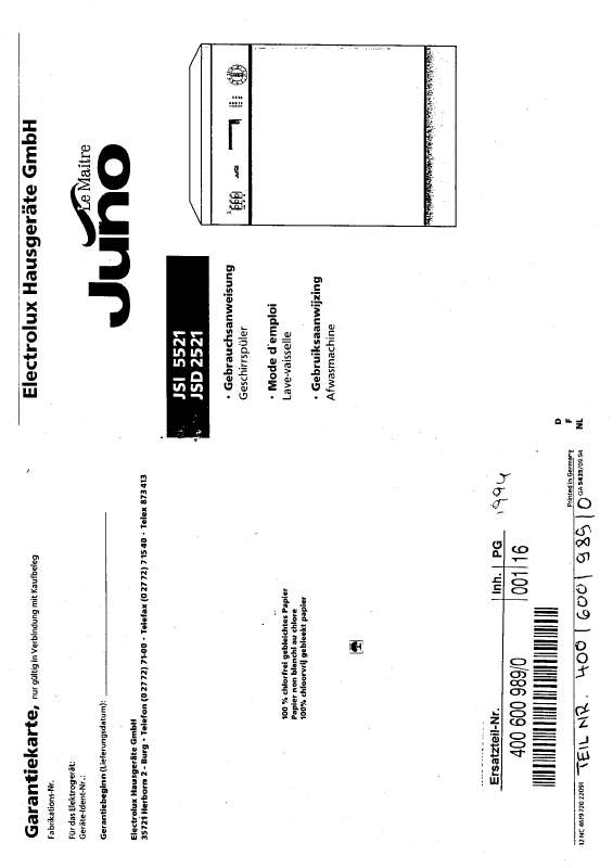 Guide utilisation  JUNO JSD2521B  de la marque JUNO