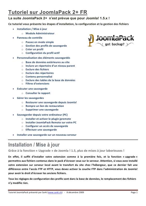 Guide utilisation  JOOMLA JOOMLAPACK 2+  de la marque JOOMLA