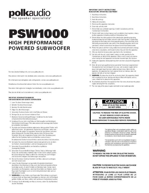 Guide utilisation  POLK AUDIO PSW1000  de la marque POLK AUDIO