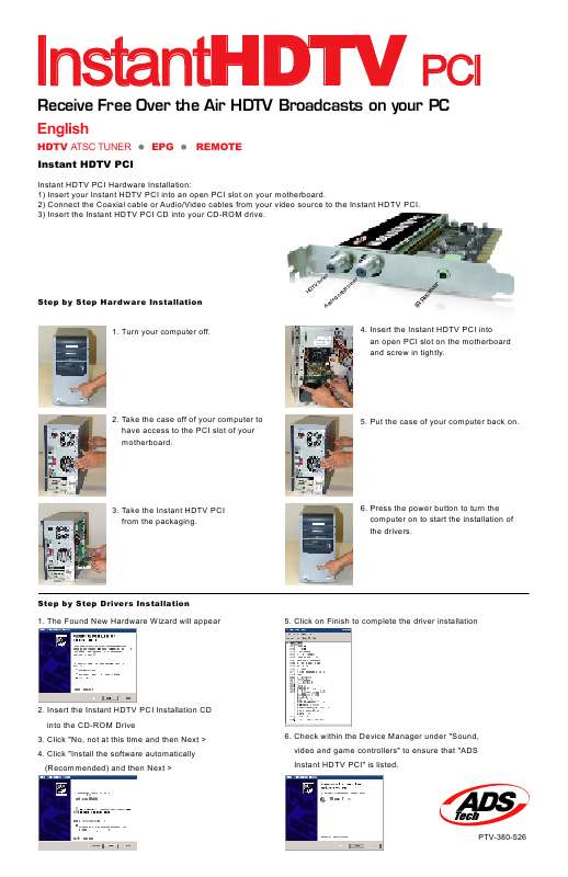 Guide utilisation  ADS TECH INSTANTHDTV PCI PTV380  de la marque ADS TECH