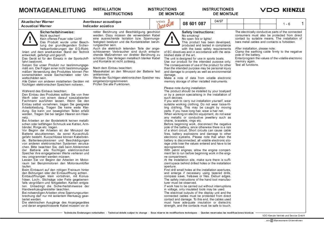 Guide utilisation VDO ACOUSTICAL WARNER  de la marque VDO