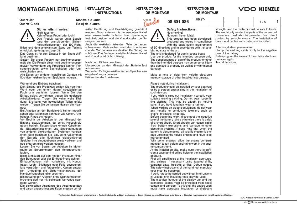 Guide utilisation VDO QUARTZ CLOCK  de la marque VDO