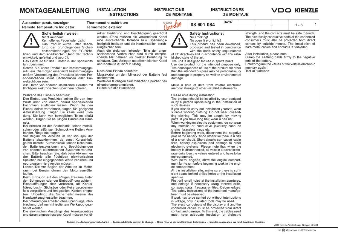 Guide utilisation VDO REMOTE TEMPERATURE INDICATOR  de la marque VDO