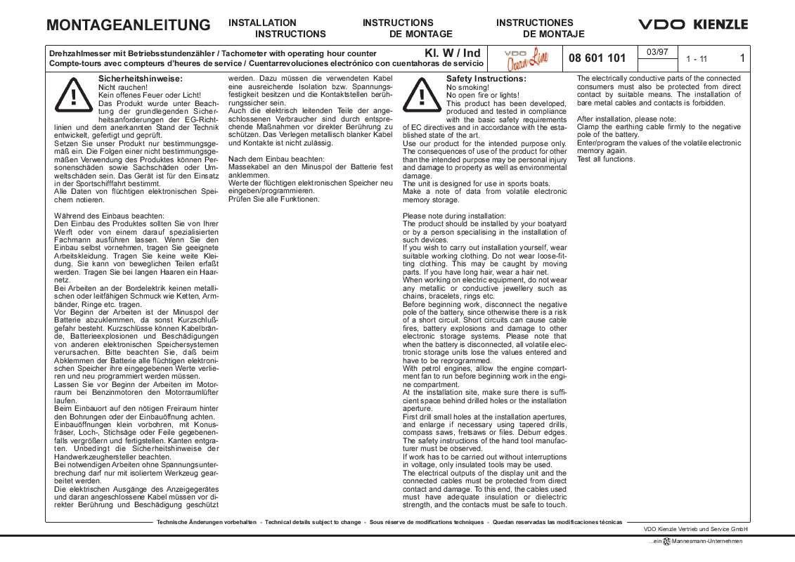 Guide utilisation VDO TACHOMETER WITH COUNTER  de la marque VDO