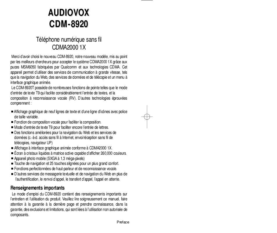 Guide utilisation AUDIOVOX CDM-8920  de la marque AUDIOVOX