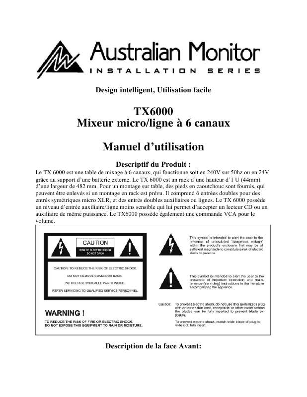 Guide utilisation  AUSTRALIAN MONITOR TX6000  de la marque AUSTRALIAN MONITOR