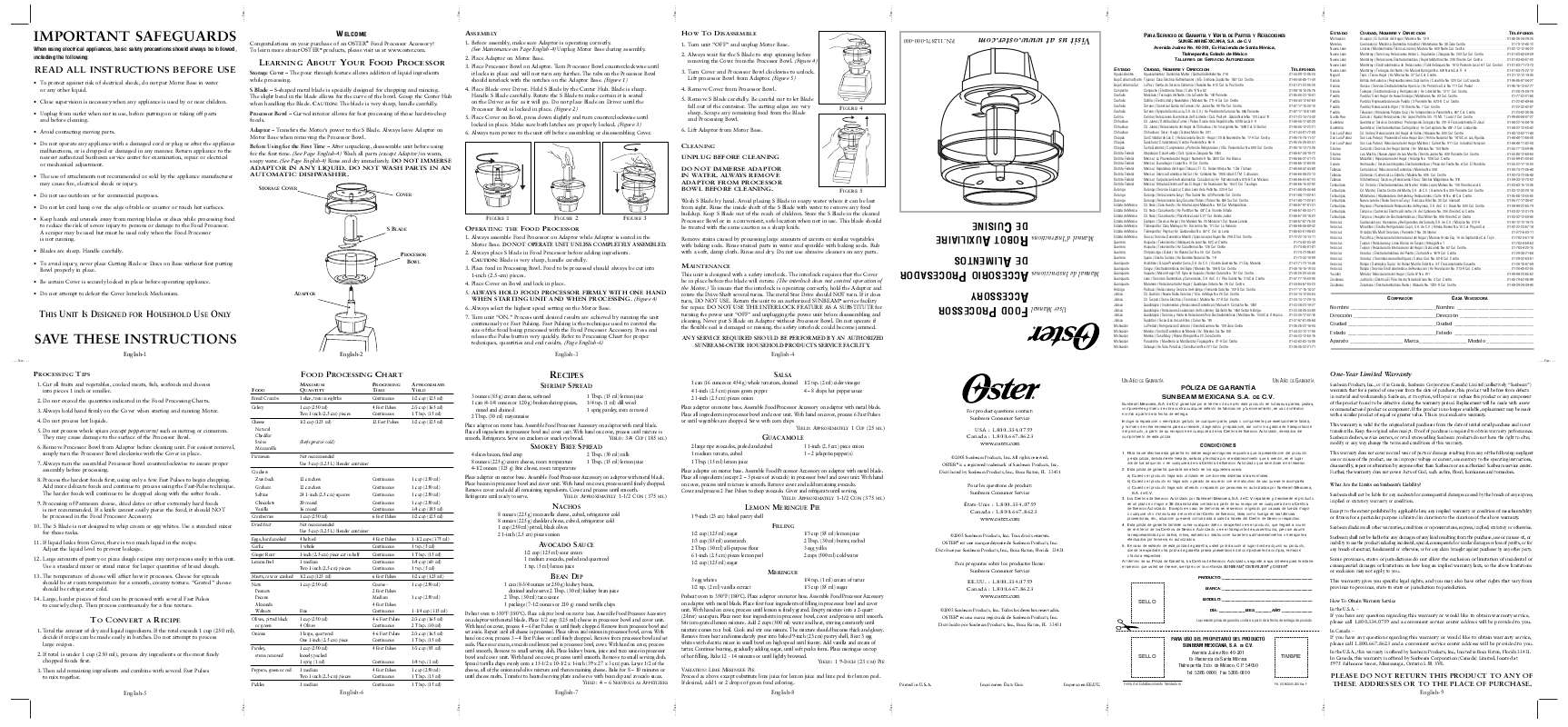 Guide utilisation  OSTER FOOD PROCESSOR ACCESSORY  de la marque OSTER