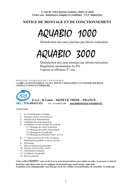 Guide utilisation  AOA AQUABIO 1000  de la marque AOA
