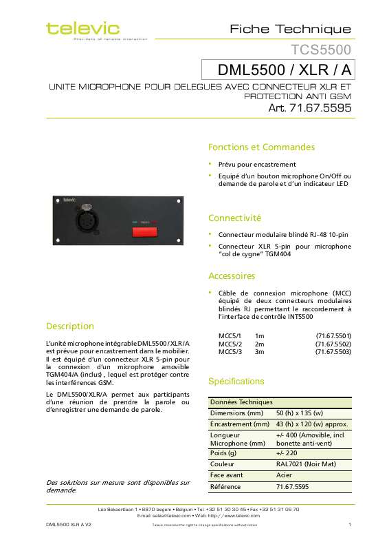 Guide utilisation  TELEVIC DML5500-XLR-A  de la marque TELEVIC