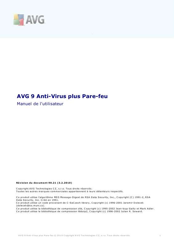 Guide utilisation  AVG ANTI-VIRUS PLUS PARE-FEU 9.0  de la marque AVG