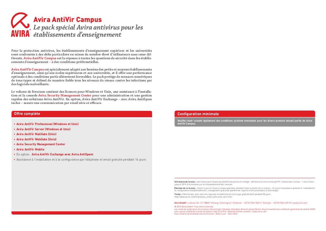 Guide utilisation  AVIRA ANTIVIR CAMPUS  de la marque AVIRA