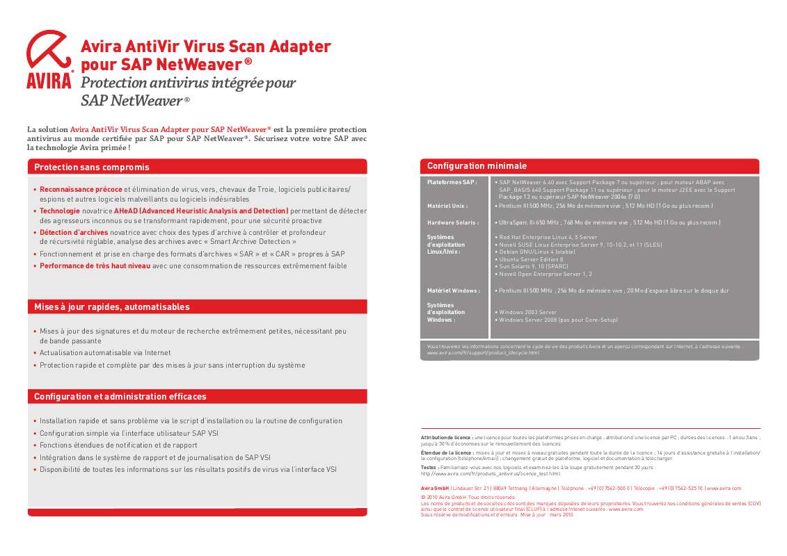 Guide utilisation  AVIRA ANTIVIR VIRUS SCAN ADAPTER FOR SAP NETWEAVER  de la marque AVIRA