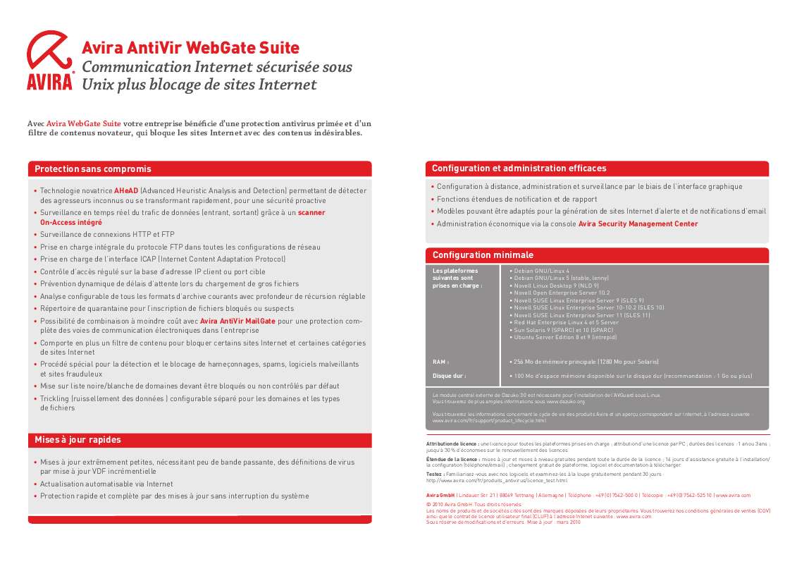 Guide utilisation  AVIRA ANTIVIR WEBGATE SUITE  de la marque AVIRA