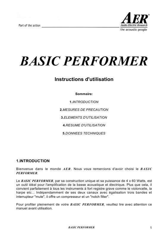 Guide utilisation  AER BASIC PERFORMER  de la marque AER