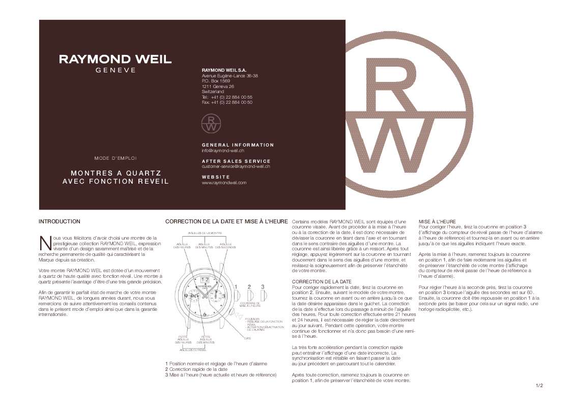 Guide utilisation  RAYMOND WEIL QUARTZ WITH ALARM FUNCTION  de la marque RAYMOND WEIL