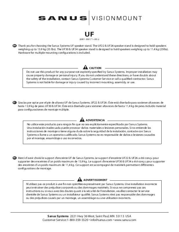 Guide utilisation  SANUS ULTIMATE FOUNDATIONS-UF22 UF26 UF30 UF34  de la marque SANUS