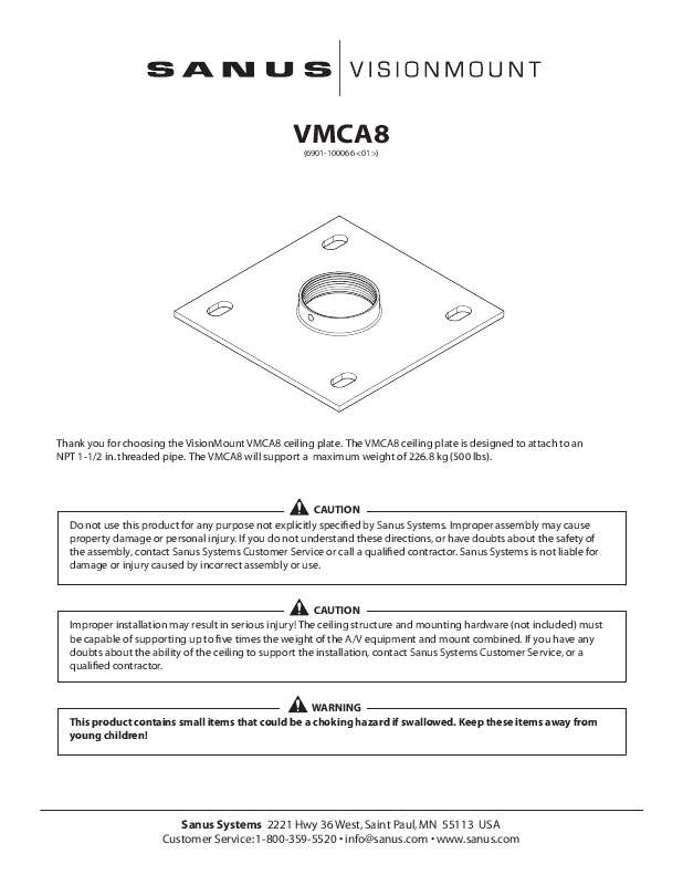Guide utilisation  SANUS VISIONMOUNT 6QUOTX6QUOT CEILING PLATE FOR VMCM1-VMCA8B  de la marque SANUS