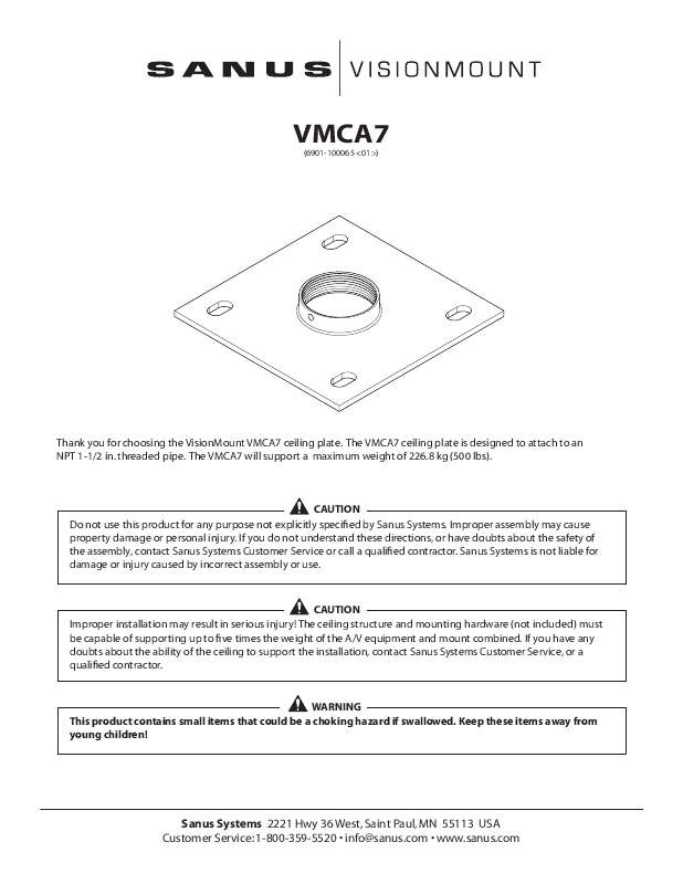 Guide utilisation  SANUS VISIONMOUNT 8QUOTX8QUOT CEILING PLATE FOR VMCM1-VMCA7B  de la marque SANUS