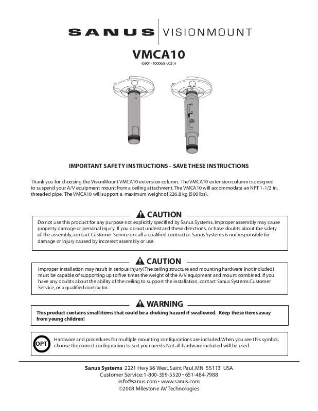 Guide utilisation  SANUS VISIONMOUNT ADJUSTABLE EXTENSION COLUMN FOR VMCM1-VMCA10B  de la marque SANUS