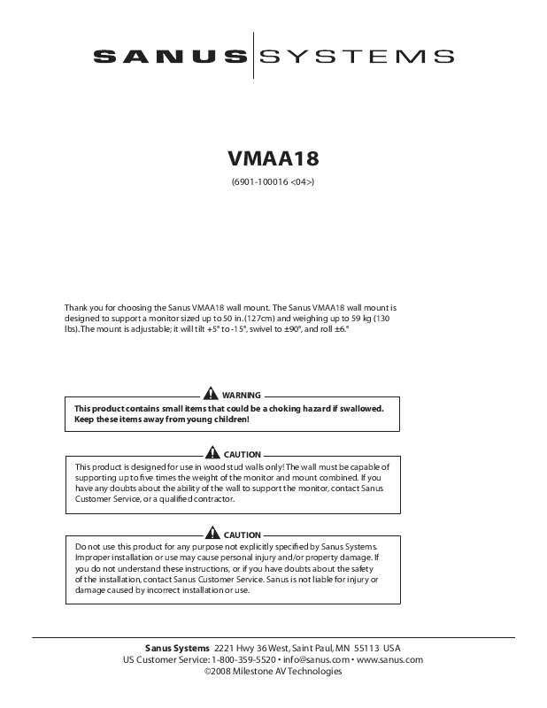 Guide utilisation  SANUS VISIONMOUNT FLAT PANEL WALL MOUNT-VMAA18  de la marque SANUS