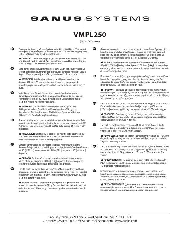 Guide utilisation  SANUS VISIONMOUNT FLAT PANEL WALL MOUNT-VMPL250  de la marque SANUS