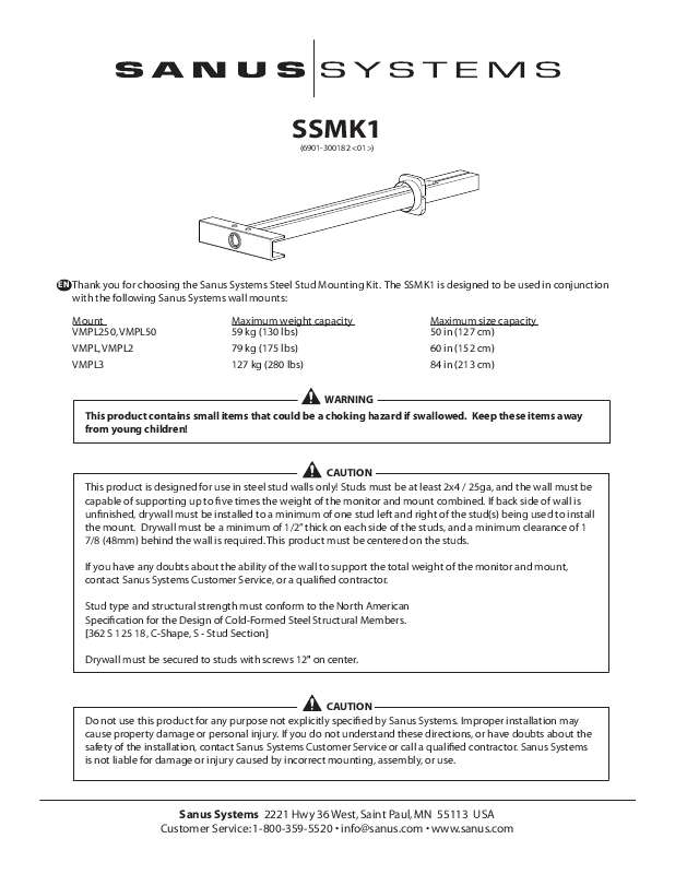 Guide utilisation  SANUS VISIONMOUNT STEEL STUD MOUNTING KIT-SSMK1  de la marque SANUS