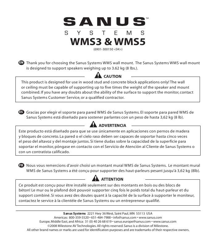 Guide utilisation  SANUS WMS3  de la marque SANUS