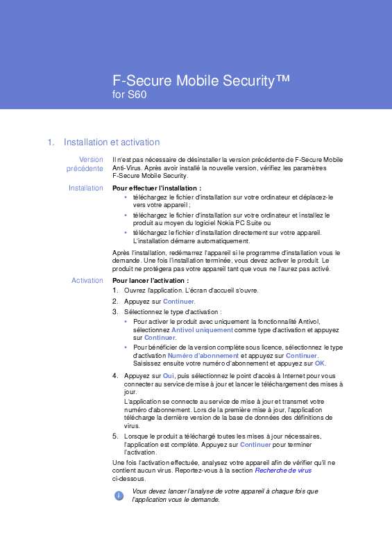 Guide utilisation  F-SECURE MOBILE SECURITY 6 FOR S60  de la marque F-SECURE