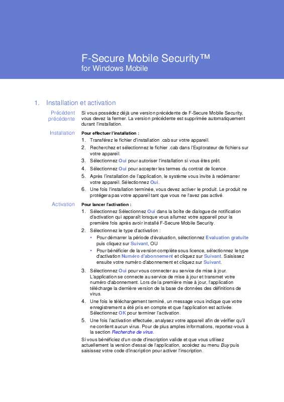 Guide utilisation  F-SECURE MOBILE SECURITY 6 FOR WINDOWS MOBILE  de la marque F-SECURE