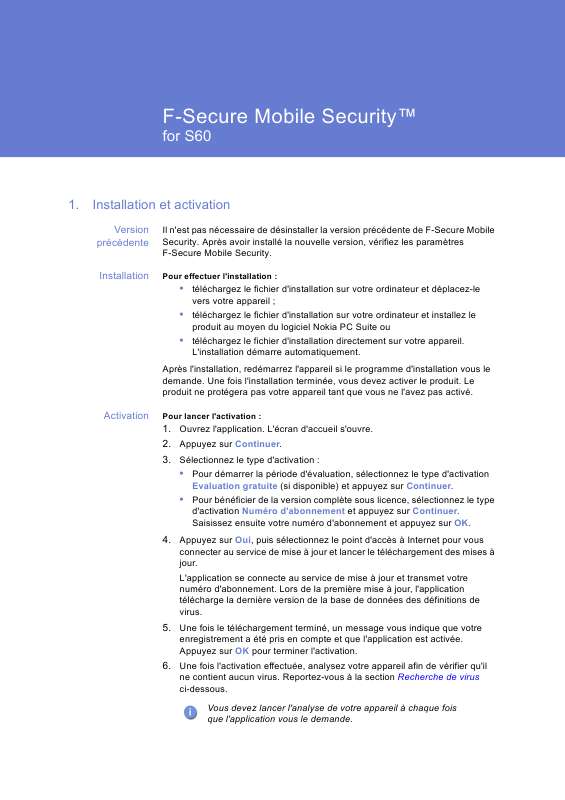 Guide utilisation  F-SECURE MOBILE SECURITY FOR S60  de la marque F-SECURE
