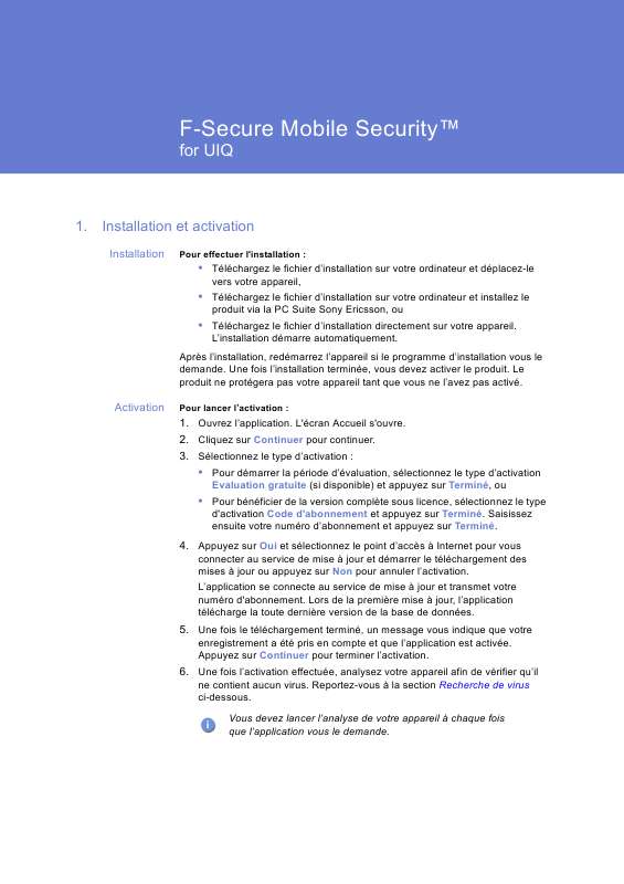Guide utilisation  F-SECURE MOBILE SECURITY FOR UIQ  de la marque F-SECURE