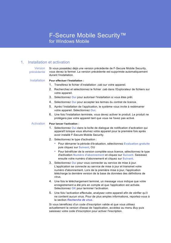 Guide utilisation  F-SECURE MOBILE SECURITY FOR WINDOWS MOBILE  de la marque F-SECURE