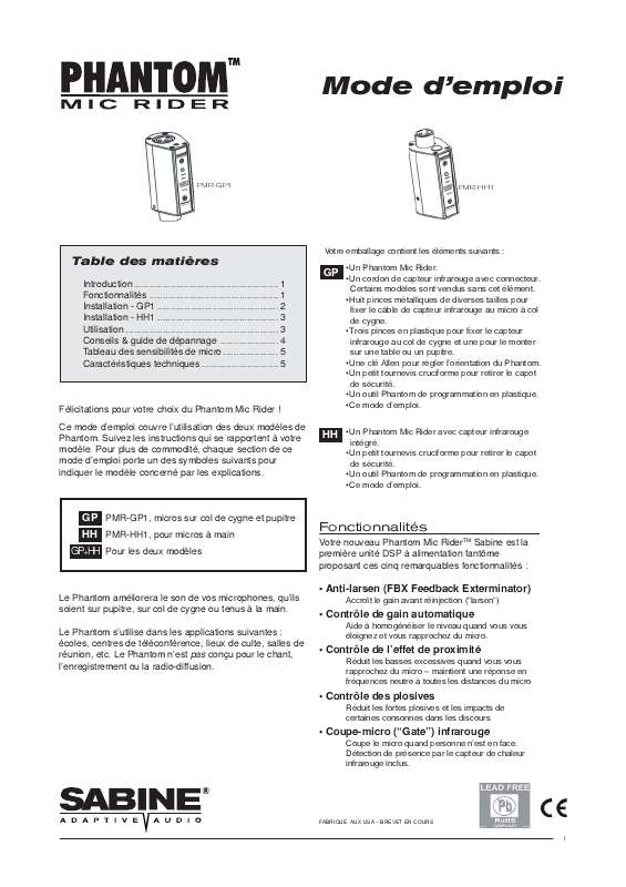 Guide utilisation  SABINE PHANTOM MIC RIDER PMR-GP1  de la marque SABINE